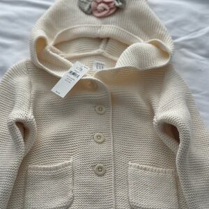Cream Knit Baby Cardigan with Floral Hood